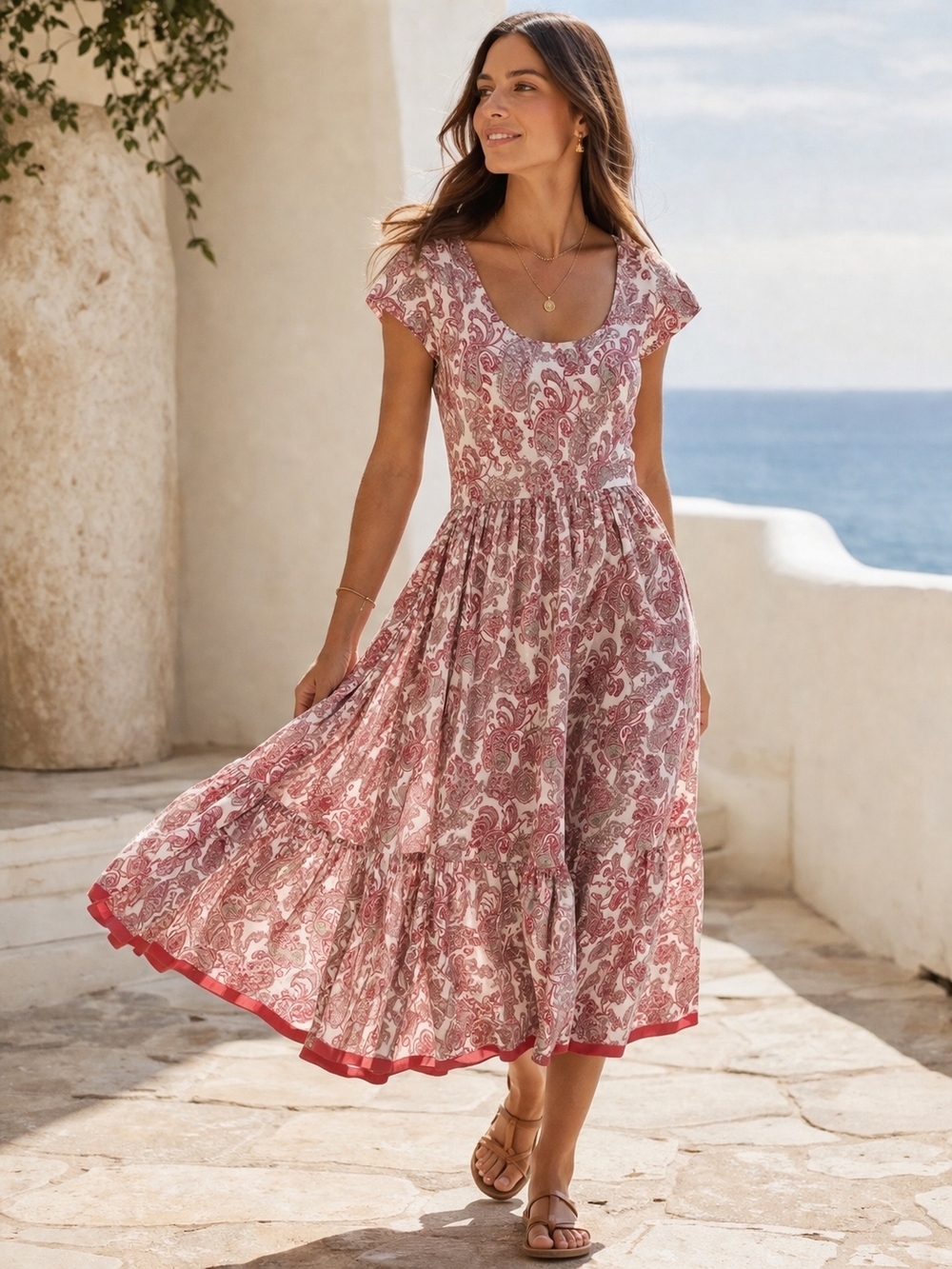 Soft Surroundings La Pomme Paisley Midi Dress Red Crinkle Cotton XS